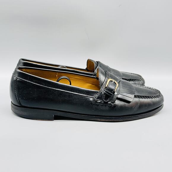 Cole Haan Shoes Mens 10 Black Leather Kiltie Fringe Loafers Buckle Slip On Dress - Picture 1 of 11